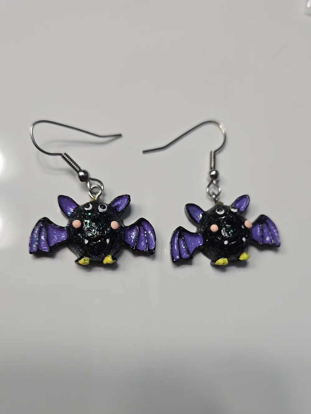 Whimsical Black & Purple Bat Dangle Earrings
